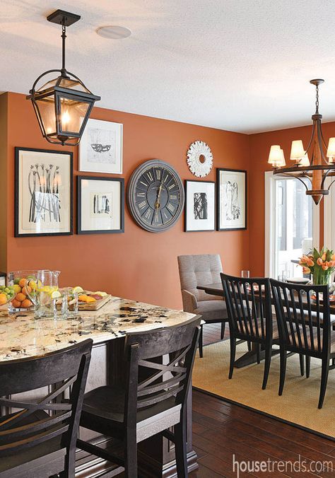 Orange Kitchen Walls, Orange Dining Room, Dining Room Wall Color, Room Wall Colors, Dining Room Remodel, Fresh Kitchen, Morning Room, Living Room Orange, Kitchen Wall Colors