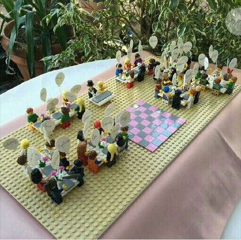 Lego seating chart! Church Wedding Photography, Lavender Wedding Theme, Kids Table Wedding, Lego Wedding, Superhero Wedding, Table Arrangements Wedding, Geek Wedding, Lego Custom Minifigures, Sports Merchandise