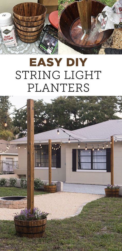 DIY String Light Planters String Light Planters, Light Planters, Design Per Patio, Diy String Lights, Casa Exterior, Backyard Diy Projects, Backyard Makeover, Backyard Projects, Backyard Fun