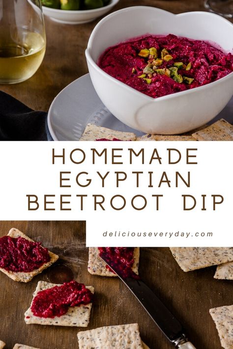 This Egyptian Beetroot Dip recipe combines spices like cumin, coriander, and cinnamon, and a dollop of yogurt with roasted garlic. It’s a beautiful and addictive vegetarian dip that is far too easy to devour! #diprecipe #appetizer #vegetarian #partyfood Appetizer Vegetarian, Vegetarian Dip, Vegetarian Christmas, Vegan Christmas Recipes, Meatless Main Dishes, Beetroot Dip, Vegetarian Recipes Dinner, Dip Recipe, Vegetarian Dinner