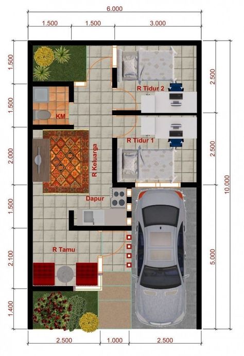 Denah Rumah Kecil 5x10, 6x10 House Design, Narrow House Designs, Small Floor Plans, Modern Floor Plans, A Small House, Bedroom Small, Guest Houses, Narrow House