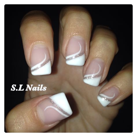 Unique French Tip Nails Design Short, French Tip With Silver Design, White French Tip Nails Square With Design, White French Nail Designs, White French Design, 2000s Wedding, Mod Nails, Diagonal Nails, White French Tips