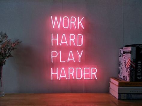 Neon Sign For Bedroom, Work Hard Play Harder, Cave Room, Sign For Bedroom, Neon Signs Quotes, Apt Decor, Man Cave Room, Bar Man Cave, Man Cave Home Bar