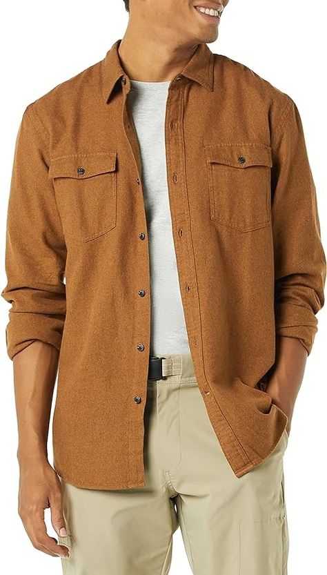 Amazon.com: Amazon Essentials Men's Slim-Fit Long-Sleeve Two-Pocket Flannel Shirt, Toffee Brown, Large : Clothing, Shoes & Jewelry Brown Shirt Men, Mens Business Casual Outfits, Mens Casual Dress Outfits, Brown Shirt, Mens Flannel Shirt, Brown Tshirt, Mens Flannel, Amazon Essentials, Mens Casual Dress