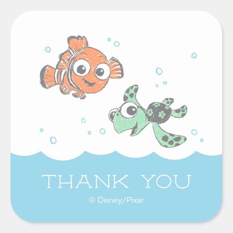 Finding Nemo and Squirt Birthday Thank You Square Sticker  Zazzle Friendship Emotional, Blue Tang Fish, Thank You Tag Printable, Pixar Films, Finding Dory, Baby Shower Thank You, Finding Nemo, Wedding Stickers, Thank You Stickers