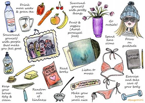 How to stay happy and healthy - by Mangomini Relax Ideas, Bullet Journal Calendrier, Happy List, Watercolor Doodles, Ballet Journal, Hello Giggles, Books Flowers, Things To Wear, Happiness Project