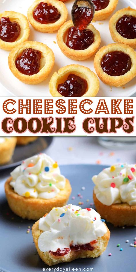 Everyone will love these cheesecake cookie cups with the perfect hint of sugar cookies filled with strawberry jam and topped with whipped cream. These are delicious cookie treats or desserts that can be varied by using any of your favorite jams. Great for any day treat. Perfect for holidays, family parties, potlucks, etc. Easy Cookie Cups Recipe, Cream Cheese Cookie Cups, Brownie Cookie Cheesecake Cups, Sugar Cookie Cheesecake Cups, Cheesecake Sugar Cookie Cups, Sugar Cookie Cups Muffin Tin, Strawberry Cheesecake Cookie Cups, Mini No Bake Strawberry Cheesecake Cups, Forgotten Cookies