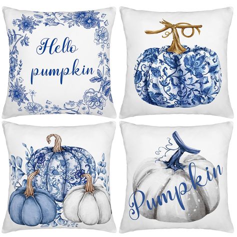 PRICES MAY VARY. Peach Skin Chinoiserie Fall Pumpkin Pillow Covers: each pack of the pumpkin pillow covers set includes 4 unique designs, providing you with more options to choose from; Whether you want to match or contrast, these pillow covers are sure to elevate your interior decor (Pillow insert not included Quality Material and Craftsmanship: the blue and white pillow covers 18x18 are made from breathable fabric and handmade to ensure comfort, durability, and lightness; They feature quality Fall Couch Pillows, Fall Couch, Blue Fall Decor, Pillows Blue, Blue And White Pillows, Pumpkin Pillow, White Pillow Covers, Pumpkin Pillows, Hello Pumpkin