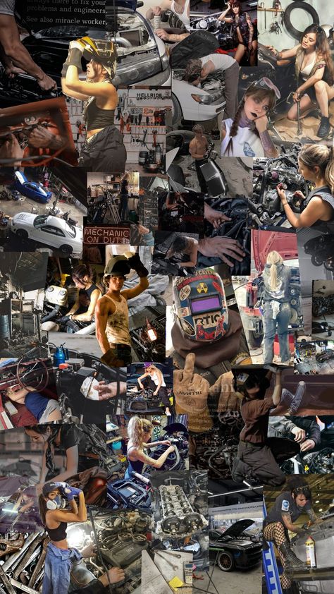 Mechanic Moodboard Mechanic Shop Aesthetic, Car Mechanic Aesthetic, Mechanic Oc, Mechanical Aesthetic, Mechanic Aesthetic, Auto Mechanic Shop, Female Mechanic, Mechanics Aesthetic, Manifest Board