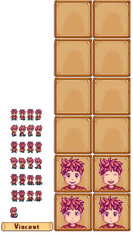 The Spriters Resource - Full Sheet View - Stardew Valley - Vincent Stardew Valley Character Sheet, Vincent Stardew Valley, Stardew Valley Portraits, Valley Aesthetic, Sprite Sheet, Mini People, Video Game Sprites, Pixels Art, Game Sprites