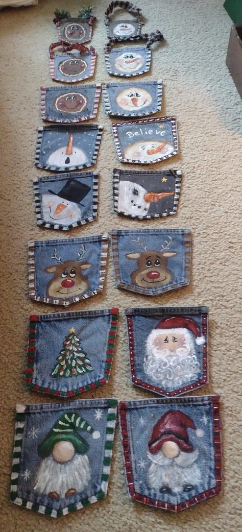 Jean Stockings Christmas, Denim Christmas Crafts, Diy Ornaments From Old Clothes, Blue Jean Christmas Ornaments, Denim Xmas Decorations, Denim Christmas Stockings Old Jeans, Jean Christmas Stocking, Denim Craft Ideas, Christmas Jeans Diy