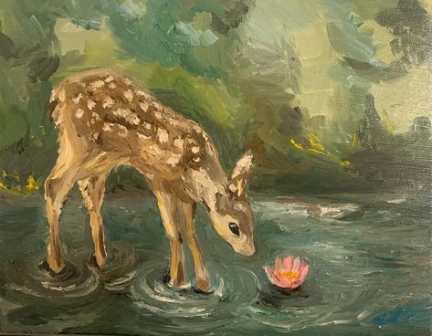 Absolutely gorgeous whimsical painting of a deer in the forest, made in oil. Deer Forest Painting, Magical Deer Art, A Deer, Bambi Painting Canvas, Forest Painting With Animals, Deer In Forest Drawing, Cute Forest Painting, Acrylic Painting Deer, Water Paint Aesthetic