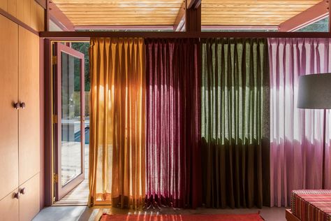 Colorful Window Treatments, Sunroom Curtain Ideas, Colourful Curtains, Reath Design, Colour Curtains, Colored Curtains, Chiffon Curtains, Movie Night Photography, Pink Sheer Curtains