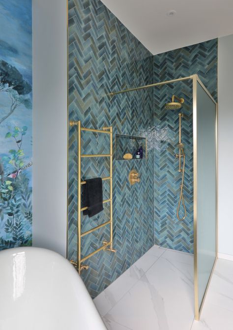 Brass Fittings Bathroom, Blue Green Shower Tile, Blue And Brass Bathroom, Fluted Bath, Designer Bathrooms Luxury, Green Shower Tile, Aston Matthews, Coastal Boho Decor, Blue Green Tile