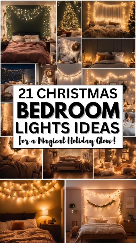 Christmas light bedroom ideas Light Up Wall Decor Bedroom Ideas, Hanging String Lights In Bedroom, Twinkling Lights Aesthetic, Winter String Lights, Christmas Light Ceiling Decor, Bed Hanging Lights, Mantle Fairy Lights, Christmas Lights In Living Room All Year, Lights Behind Headboard