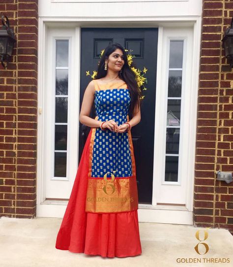 Pinterest: @cshruti246  Turn that pallu of your mom's old Saree into a beautiful top. Kathpadar Saree Dress Design, Banarasi Pattern, Kurti Long, Saree Reuse, Anarkali Dress Pattern, Sari Dress, Long Gown Dress, Long Dress Design, Indian Gowns Dresses