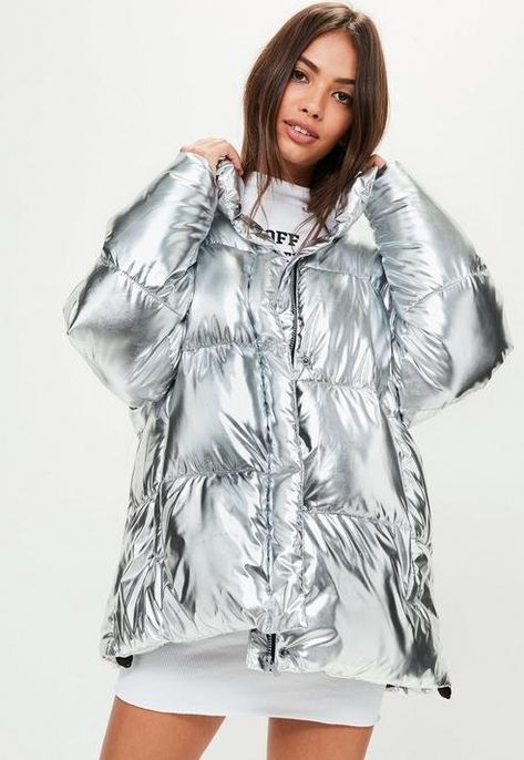 Missguided Silver Metallic Puffer Jacket Silver Puffer Jacket, Puffer Jacket Outfit, Shiny Jacket, Metallic Jacket, Fur Clothing, Metal Clothing, Adidas By Stella Mccartney, Raincoats For Women, Puffy Jacket