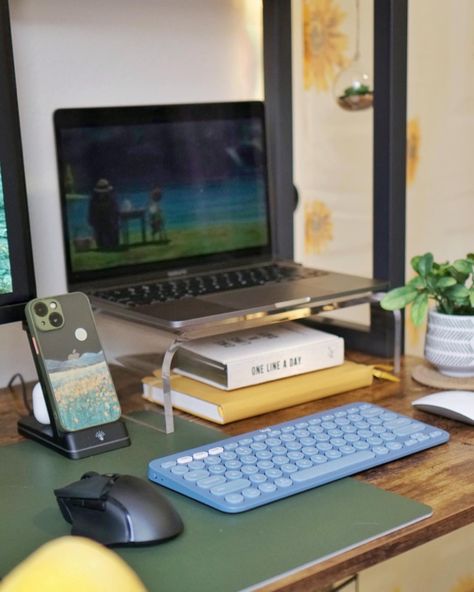 Cozy compact desk setup. My Macbook Pro pairs well with the Logitech K380 keyboard and my magic mouse. #wfh #desksetup #deskinspo Logitech K380 Aesthetic, Logitech Keyboard Aesthetic, Macbook Desksetup, Macbook Pro Setup, Laptop Aesthetics, Cozy Desk Setup, Logitech K380, Macbook Pro Keyboard, Macbook Pro Tips