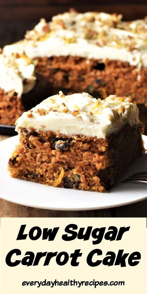 This delicious low sugar carrot cake is simple to make and contains approx. 40% less sugar than most carrot cake recipes.  It comes with a light and fluffy frosting that’s made using a combination of cream cheese and ricotta and a hint of orange. #carrotcake #healthycake #healthycarrotcake #easycarrotcake #everydayhealthyrecipes Pie, Essen, Low Sugar Carrot Cake Recipe, Low Sugar Carrot Cake, Low Calorie Carrot Cake, Low Sugar Cake Recipe, Light And Fluffy Frosting, Low Sugar Baking, Carrot Cake Recipes