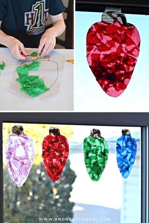 A collage of photos showing giant colorful Christmas light suncatchers hanging in a window as well as a closeup of a child's hand making one Suncatchers Craft, Christmas Suncatchers, Arts N Crafts, Easy Christmas Craft, Preschool Christmas Activities, 3 Dinosaurs, December Crafts, Christmas Crafts For Toddlers, Preschool Christmas Crafts