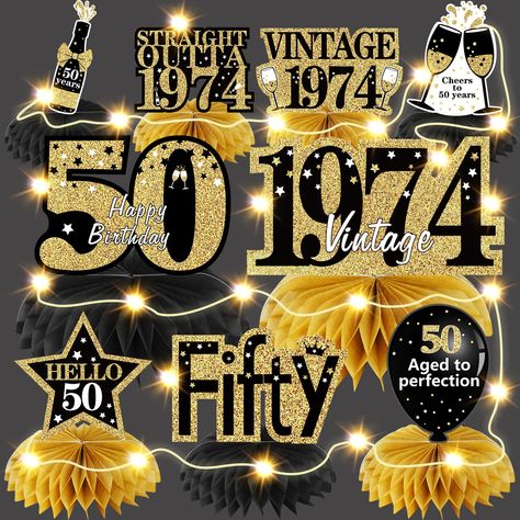 PRICES MAY VARY. [You will Get] - 9PCS happy 50th birthday Honeycomb Centerpieces decorations and 2PCS 6.56ft string lights, providing decoration for your 50th birthday party. [Lighting Your 50th Birthday] - Double-sided printing and retro black gold design, the numbers "50" and "1974" are eye-catching, and rich party elements such as balloons, champagne, with sparkling string lights, lighting up your 50th birthday theme and create a romantic atmosphere for the party. [Suitable for] - Suitable f 21st Birthday Centerpieces, 55th Birthday Decorations, 60th Birthday Centerpieces, 60th Birthday Theme, 15th Birthday Decorations, 50th Birthday Themes, Happy 55th Birthday, Happy 65 Birthday, 70th Birthday Decorations