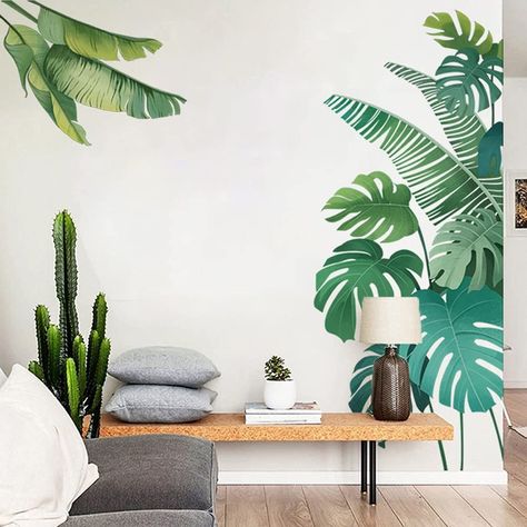 Tv Wall Kitchen, Monstera Mural, Green Plant Wall, Wall Decor Amazon, Walls Design, Palm Tree Leaves, Tropical Green, Wall Tattoo, Wall Kitchen