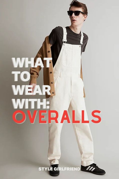 man in off-white canvas overalls with a grey t-shirt and Adidas Sambas, text on-screen: what to wear with overalls Men In Overalls Fashion, Mens Overalls Outfits Street Styles, Overalls Outfits Aesthetic, Overalls Men Fashion 90s, Men’s Overalls, Overalls Men Fashion Outfits, Men’s Overalls Outfit, Men Overalls Outfits, Men Fashion 90s