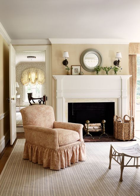 Wide Fireplace, Mcgrath Ii, Fireplace Decorating, Island Farmhouse, English Houses, Timeless Color Palette, Yellow Sofa, Wide Plank Flooring, Attic Bedroom