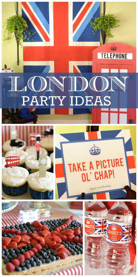 London is calling at this boy birthday party with lots of amazing British elements!  See more party ideas at CatchMyParty! Uk Themed Party, British Party Decorations, British Decoration Party, England Party Decorations, Union Jack Party, Best Of British Theme, London Theme Decor, English Party Decorations, British Bachelorette Party