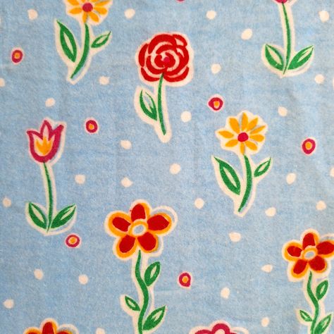 Red Yellow Flowers on Blue Juvenile Cotton Flannel Fabric 1.3+ YDS x 43" W