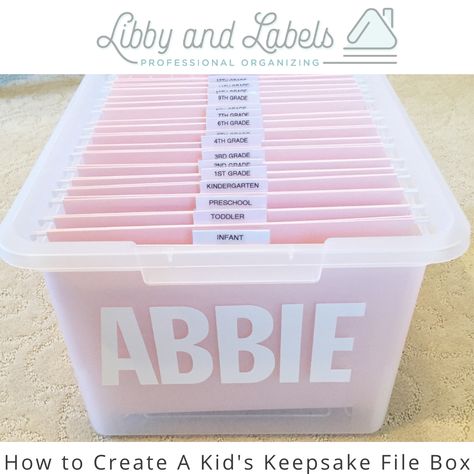 How to Create A Kid's Keepsake File Box — Libby and Labels Keepsake Box Diy, Kids School Organization, File Box Organization, School Keepsake, File Folder Labels, File Folder Organization, Daycare School, File Boxes, Baby Keepsake Box