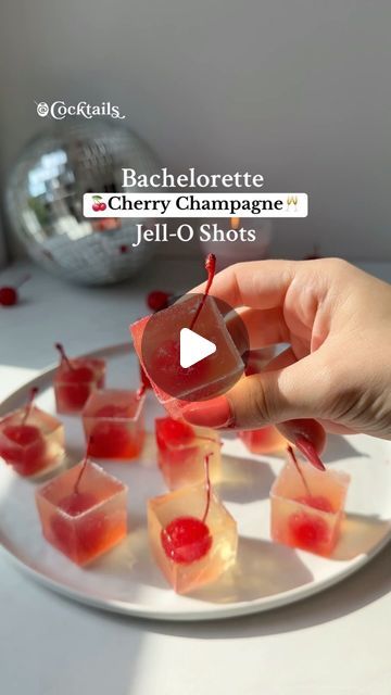 Cocktails (21+ to follow) on Instagram: "Celebrate the bride-to-be with these adorable Cherry Champagne Jell-O Shots! 🍒🥂 Packed with champagne, cherries, and plenty of glitter, they’re the perfect addition to your Bachelorette weekend!✨💍 #cherrychampagnejelloshots #bachelorettejelloshots #bachelorette #bacheloretteparty #bacheloretteideas #cherrychampagne #champagnejelloshots #cherry #champagne #jelloshots #jelloshotideas #jelloshotrecipes #summer #partyideas #cherries #boozyIngredients: -1.5 cups champagne, divided -1/3 cup sugar -2 tbsp. lemon juice -2 packages gelatin -1/2 cup vodka -1/2 cup champagne -edible glitter -maraschino cherries" Bachelorette Jello Shots, Champagne Shots Jello, Strawberry Champagne Jello Shots, Bachelorette Party Jello Shots, Cherry Bachelorette Party, Rose Champagne Jello Shots, Pink Champagne Jello Shots, Cherry Champagne, Tequila Jello Shots