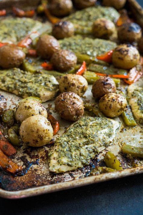 Sheet Pan Pesto Chicken and Veggies Dinner Meals Chicken, Pesto Chicken Thighs, Sheet Pan Pesto Chicken, Potatoes And Bell Peppers, Pesto Chicken Breast, Baked Pesto Chicken, Pesto Potatoes, Greek Dinners, Meals Chicken