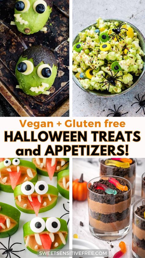 Gluten free Vegan Halloween Treats Easy Gluten Free Halloween Recipes, Halloween Recipes Gluten Free, Easy Healthy Halloween Treats To Make, Gluten Free Spooky Snacks, Easy Gluten Free Halloween Treats, Vegan Gluten Free Halloween Recipes, Vegan Dessert Halloween, Halloween Dessert Gluten Free, Vegan Halloween Snacks For Party