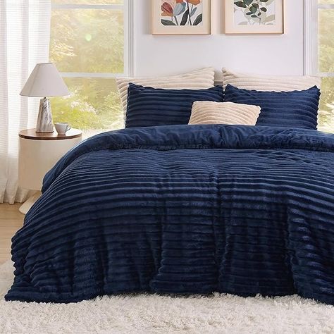 Amazon.com: Bedsure Fluffy Comforter Set Queen - Super Soft Faux Fur Comforter Queen Size Navy, Winter Warm Fleece Bedding Set, Plush Fuzzy Bed Set, 3 Pieces, 1 Shaggy Comforter with 2 Pillowcases : Home & Kitchen Fluffy Bed Set, Flannel Texture, Bedding Styling, Plush Comforter, Fluffy Bed, Fluffy Comforter, Blue Comforter Sets, Fleece Quilt, Velvet Comforter