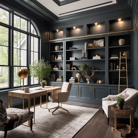 Best Moody Paint Colors of 2024 Navy Built Ins Office, Study Room Design Aesthetic, Vaulted Ceiling Home Office, Moody Black Paint Colors, Moody Office Paint Colors Sherwin Williams, Office Built Ins Paint Color, Moody Kitchen Paint Colors, Office Built Ins Around Window, Grey Built Ins