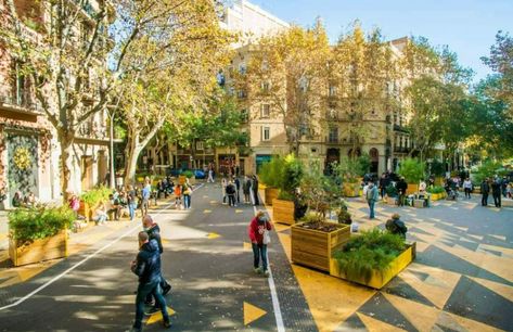 Reclaiming city streets from cars, Barcelona style | TheMayor.EU Mixed Use Urban Design, Tactical Urbanism Street, Street Intervention Architecture, Walkable Streets Urban Design, Barcelona Urban Design, Complete Street Urban Design, Europe Street, Social Housing Architecture, Barcelona Style