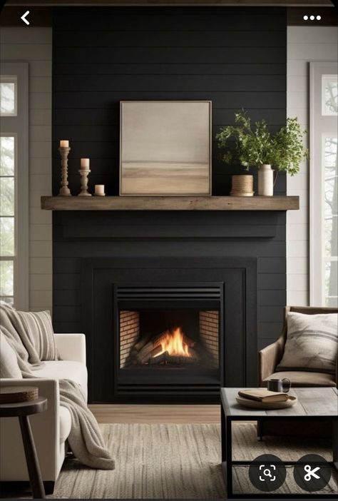 Black Shiplap Fireplace, Black Fireplace Mantel, Shiplap Fireplace Ideas, Black Fireplace Wall, Modern Fireplace Ideas Living Rooms, Black Shiplap, Wood Mantle Fireplace, Fireplace Mantel Designs, Fireplace Designs