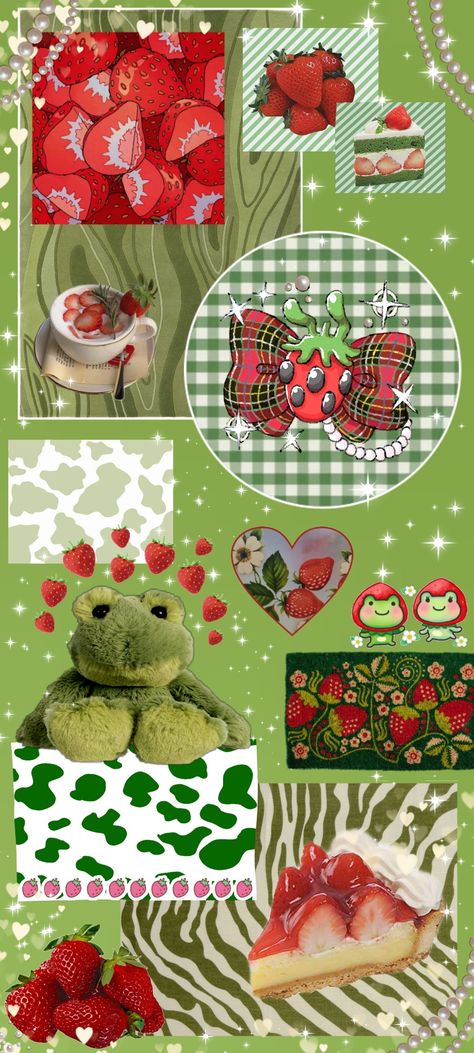 Frogs And Strawberries Aesthetic, Strawberrycore Aesthetic Wallpaper, Green Red Aesthetic Wallpaper, Red Wallpaper Strawberry, Strawberry Frog Wallpaper, Strawberry Asthetic Wallpaper, Aesthetic Wallpaper Strawberry, Strawberry Aesthetic Wallpaper Iphone, Wallpaper Fresas