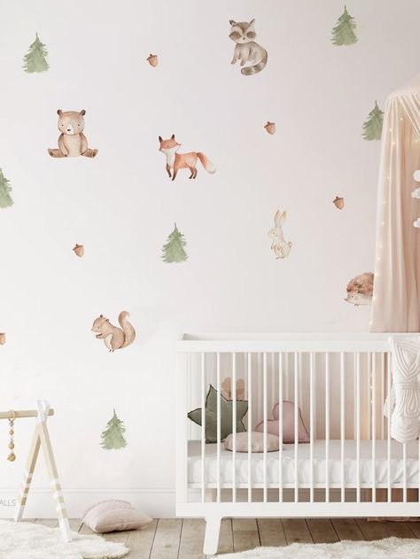 Apricot  Collar  PVC   Embellished   Home Decor Nursery Feature Wall, Bear Wall Decals, Woodsy Nursery, Woodland Fox Nursery, Animal Themed Nursery, Animal Wall Stickers, Baby Nursery Wall Decals, Cartoon Forest, Kindergarten Wallpaper