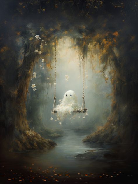 An oil painting of a cute ghost on a swing. Victorian Gothic Art, Cottagecore Artwork, Painting Cottagecore, Dark Academia Prints, Halloween Artwork, Decor Shabby Chic, Halloween Wall Art, Halloween Painting, Vintage Oil Painting