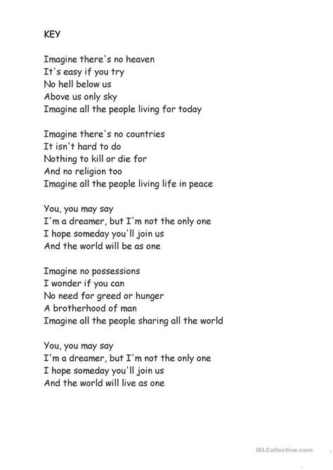 Song: IMAGINE - John Lennon - English ESL Worksheets for distance learning and physical classrooms Imagine Song, Performance Tasks, Comprehension Exercises, Imagine John Lennon, English Games, Teaching French, Listening Skills, Esl Worksheets, The Missing