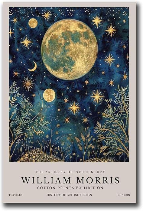 Sun Moon Painting, Vintage Moon Art, William Morris Prints, William Morris Poster, Poster For Living Room, Art Moon, William Morris Art, William Morris Designs, Vintage Moon