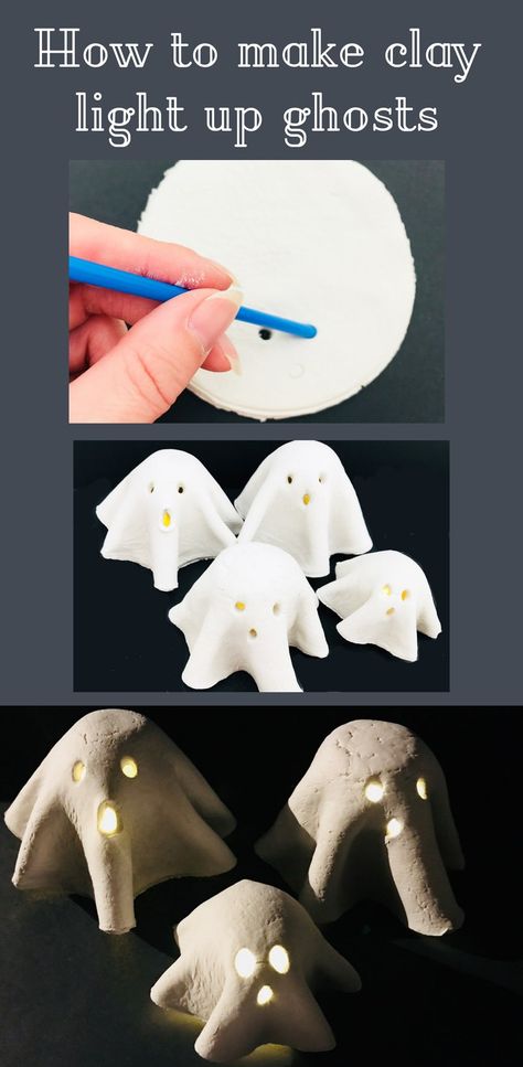 Make these spooky light up ghosts for Halloween, using air dry clay. Perfect for a Halloween party. Fimo, Clay Holiday Crafts, Fall Clay Projects For Kids, Model Magic Ghost, Halloween Clay Ideas For Kids, Model Magic Halloween Crafts, Halloween Airdryclay Ideas, Air Dry Clay Ghost Tea Light, Model Magic Clay Ideas For Kids