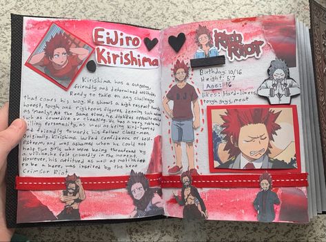 Kirishima scrapbook idea! This is a sign for you to start your own anime scrapbook! Character Scrapbook Ideas, Mha Journal, Anime Scrapbook Ideas, Kirishima Birthday, Anime Scrapbook, Character Journal, Anime Journal, Anime Printables, Scrapbook Stuff