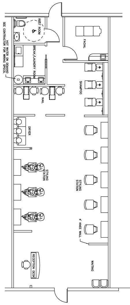 PELUQUERIA                                                                                                                                                                                 Más Salon Spa Floor Plan Design Layouts, 1600 Sq Ft Hair Salon Layout, Barber And Beauty Salon Ideas, Beauty Salon Plan Design, Salon And Spa Floor Plan, Business Plan For Nail Salon, Nail Salon Floor Plan Layout, Hair Salon Layout Ideas, Hair Salon Furniture Ideas