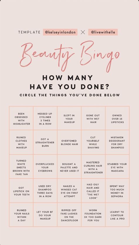 Beauty Bingo Instagram Story Template by @kelseyinlondon #InstaStory #StoryTemp #InstaTemp #InstagramStory #StoryTemplate #InstagramStoryTemplate #Beauty #Bingo Kelsey In London, Bingo Story, Beauty Instagram Story, Story Questions, Snapchat Template, Instagram Story Questions, Bingo Template, Kdrama Memes, Instagram Games