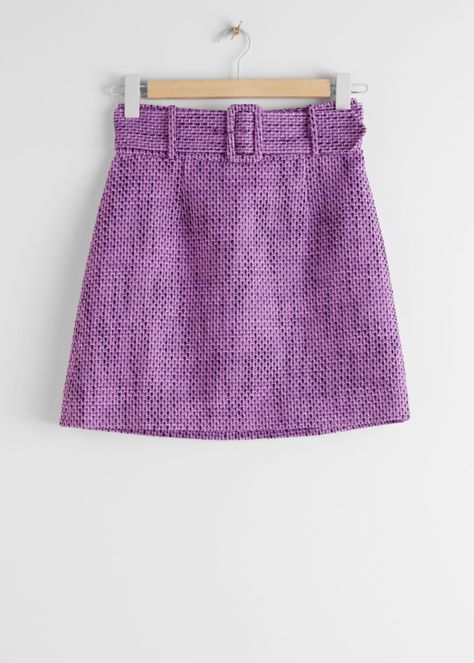 Belted Tweed Mini Skirt - Purple Tweed - Mini skirts - & Other Stories #andotherstories #belted #tweed #mini #skirt #purple #miniskirt #belt #skirt #dress #skirts #fashion #inspiration Denim Pins, Beautiful Cartoon, Knee Boots Outfit, Skirts Outfits, Black Thigh High Boots, Scoop Neck Bodysuit, Tweed Mini Skirt, Aesthetic Style, Tweed Skirt