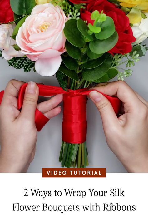 How To Make A Bridesmaid Bouquet Diy, Diy Homecoming Boquet, How To Tie Ribbon Around Flowers, How To Give Flowers As A Gift, Ribbon For Wedding Bouquets, Diy Flower Bouquet Homecoming, How To Wrap Floral Bouquet, Floral Ribbon Bow, Stem Wrapped Bouquet