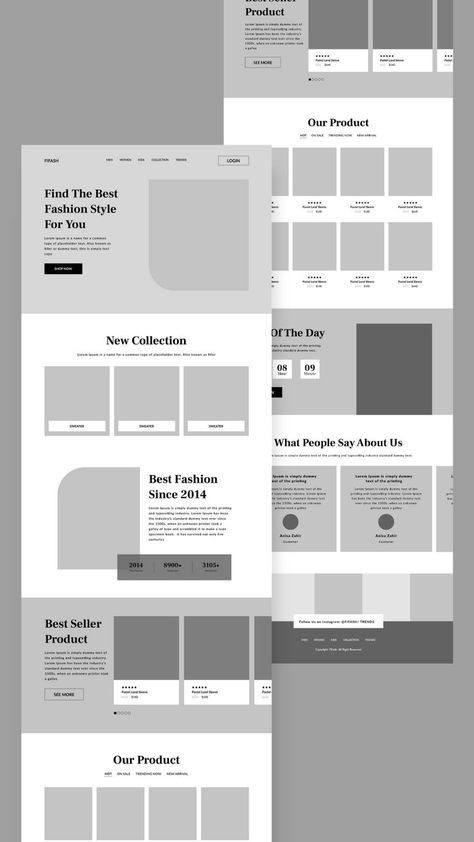 Fashion Ecommerce Wireframe Design | Landing page Template Wireframes For Website, Figma Wireframe Design, Portfolio Wireframe Website Designs, Web Designer Logo Ideas, E Commerce Wireframe, Web Wireframe Layout, Website Layout Wireframe, Website Wireframe Design Inspiration, E Commerce Landing Page Design